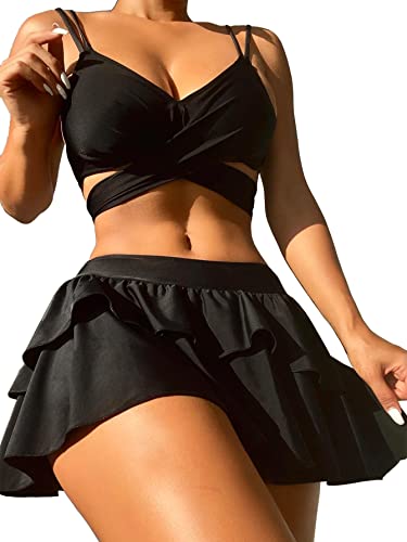 FlatterMe 3pack Wrap Tiered Layer Bikini Swimsuit with Beach Skirt(22006-Black-XL)
