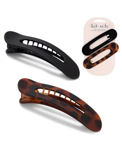 Kitsch Flat Hair Clips - Stylish Lay Down Claw Clips for Women with Thick Hair | Holiday Gift Set | Big Alligator Hair Clips for a Sleek Look | Large Hair Clips, 2pc (Black & Tortoise)