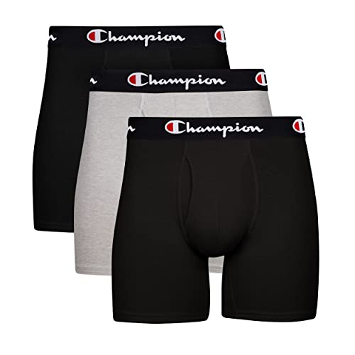 Champion Men's Boxer Briefs, Every Day Comfort Stretch Cotton Moisture-Wicking Underwear, Multi-Pack, Black/Black/Oxford Grey Heather-3 Pack, Large