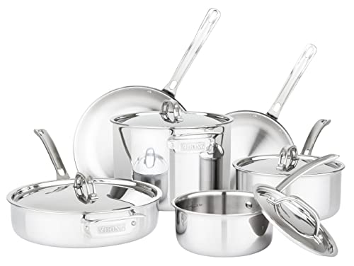 Viking Culinary 3-Ply Stainless Steel Cookware Set with Metal Lids, 10 Piece, Dishwasher, Oven Safe, Works on All Cooktops including Induction,Silver