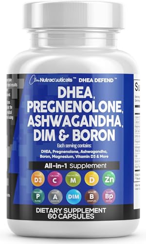 DHEA 200mg Supplement Pregnenolone 100mg for Men & Women with DIM Ashwagandha 3000mg Boron 6mg Complex Calcium Magnesium Zinc 50mg Vitamin D3 5000 iu Hormone Support Capsules Pills - Made in USA 60 Ct