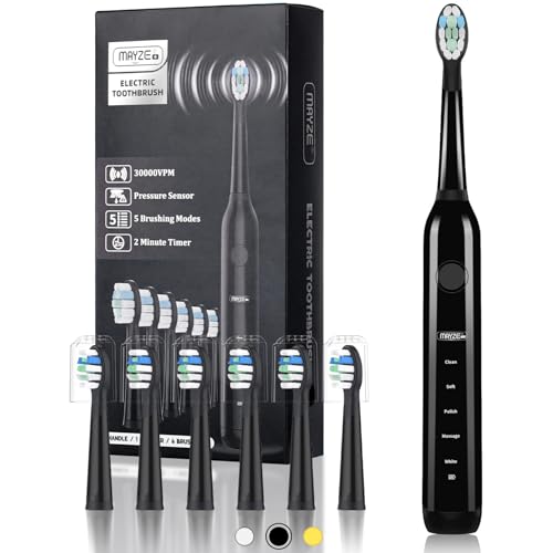 Electric Toothbrush for Adults and Kids with 6 Brush Heads, Sonic Toothbrush with 30000 VPM, Deep Clean 5 Modes with 2 Minutes Timer, Tongue Coating Brush, One Charge for 70 Days (009 Black)