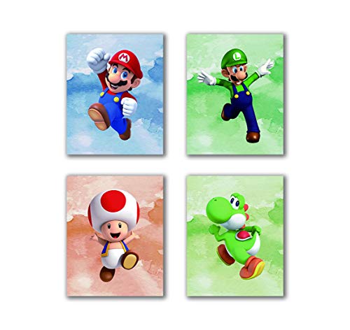N/Y Super Mario Art Prints Toad, Wall Art Game Room Decor Birthday Room Painting Set of 4 Pieces (8”X10”Canvas Picture), Frameless