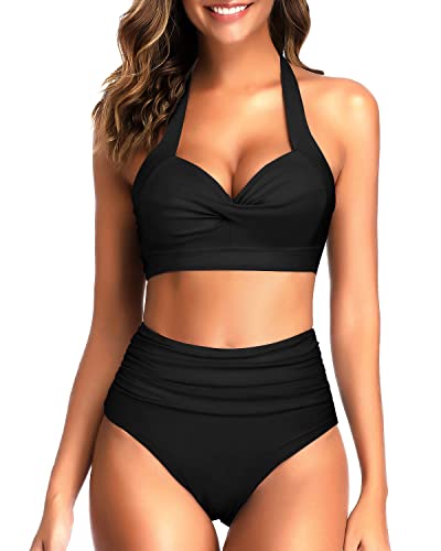 Tempt Me Women's Vintage Swimsuits Pure Black Retro Halter Ruched High Waist Bikini with Bottom XL