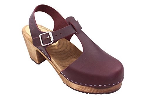 Lotta From Stockholm Swedish High Heel Highwood T-Bar Clogs for Women in Aubergine Leather on Brown Base Size 38