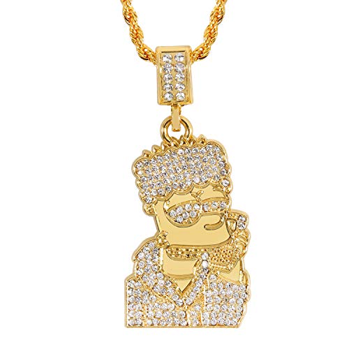 putouzip Bart Chain Necklace 18K Gold Plated Fully Iced Out Stainless Steel Pendant For Men Boys Gift(Gold)