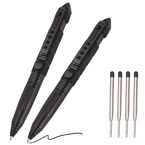 Fpxnb 2 Pack Military Tactical Pen Set with 6 Black Ballpoint Refills for Writing, Made of Tungsten Steel & Aluminum (Black, Pack of 2)