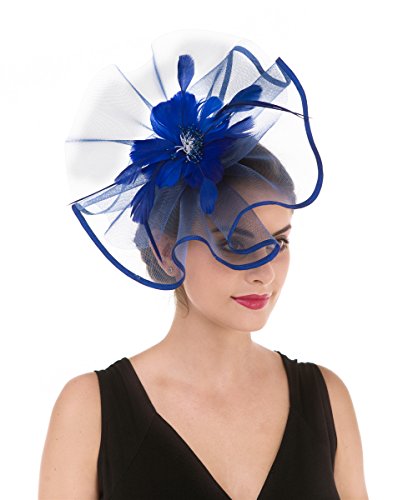 SAFERIN Fascinator Hat Feather Mesh Net Veil Wedding Church Tea Party Hat Flower Derby Hat Women Girl (TA1-Sapphire Blue)