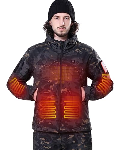 DEWBU Heated Jacket for Men with 12V Battery Pack Winter Outdoor Soft Shell Electric Heating Coat, Men's Black Camo, L