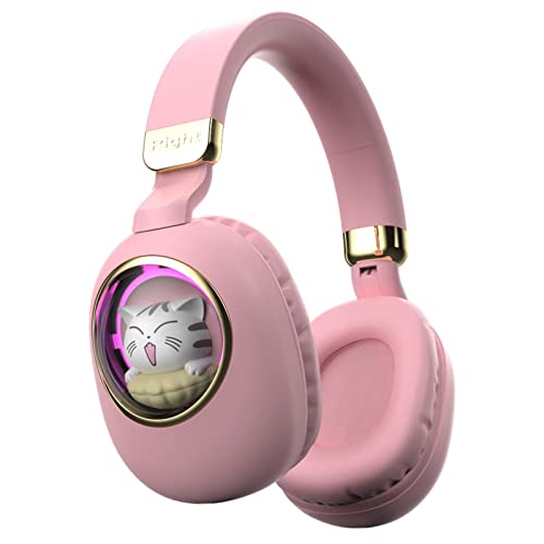 Girls Kids Headphones Wired - Pink Noise Cancelling Wireless Headphones for Kids for School - Over Ear Light Up Foldable Cat Bluetooth Gaming Headset with Microphone for iPad Kindle Tablet PC Travel