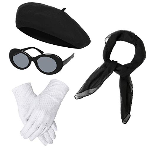 Women Girls French Themed Party Beret Hat Chiffon Scarf Gloves Retro Oval Sunglasses Fancy Dress Costume accessories Set (Black)