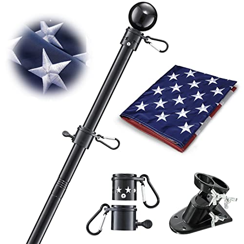 House Flag Pole With American Flag - Flagpoles Residential Kit with 5ft Tangle Free Metal Flag Pole,3x5 Embroidered US Flag,Holder Bracket,Heavy Duty Flag Poles for Outside House,Porch,Outdoor-Black