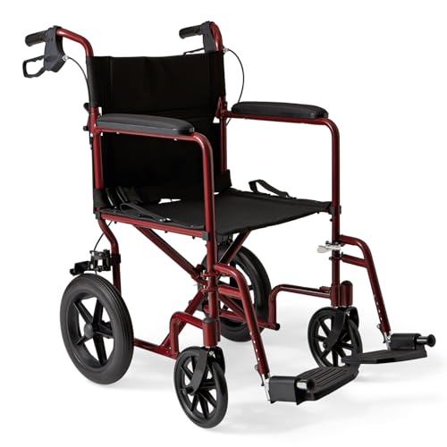 Medline Lightweight Foldable Transport Wheelchair with Handbrakes and 12-Inch Wheels, Red Frame, Black Upholstery