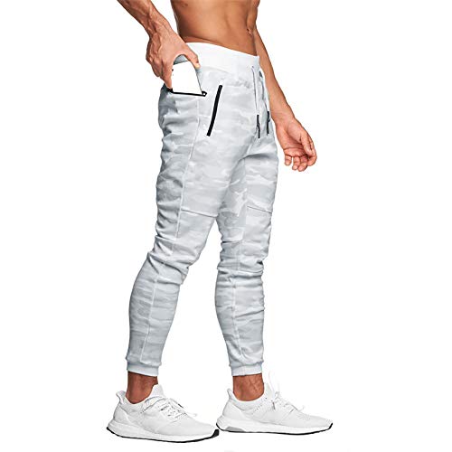 DIOTSR Mens Slim Fit Joggers Pants, Camo Tapered Workout Sweatpants for Men,Track Pants with Zipper Pockets (Camo White Large)
