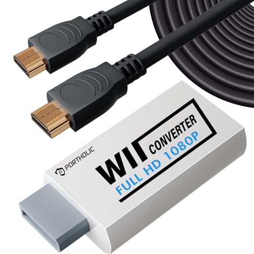 PORTHOLIC Wii to HDMI Converter 1080P with 5FT/1.5M High Speed HDMI Cable Wii2 HDMI Adapter Output Video&Audio with 3.5mm Jack Audio, Support All Wii Display 720P, NTSC, Compatible with HD Device