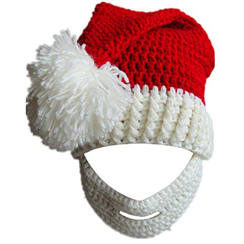 Kafeimali Unisex Christmas Winter Knitted Crochet Beanie Santa Hat with Beard Foldaway Bearded Caps (White)