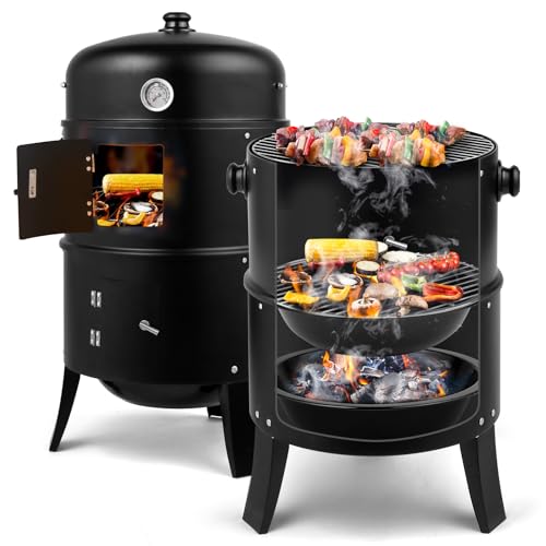 Outvita Vertical 17 Inch Charcoal BBQ Smoker, 3-in-1 Portable Outdoor Grill Cooker with Built-in Thermometer for Outdoor Backyard Cooking Grilling Camping