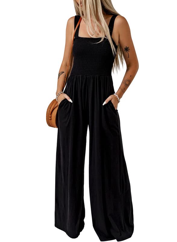 Dokotoo Loose Jumpsuits for Women Overalls Oversized Solid Color Wide Leg One Piece Sleeveless jumpsuit Long Pant Romper with Pockets 2024 Fashion Black Large