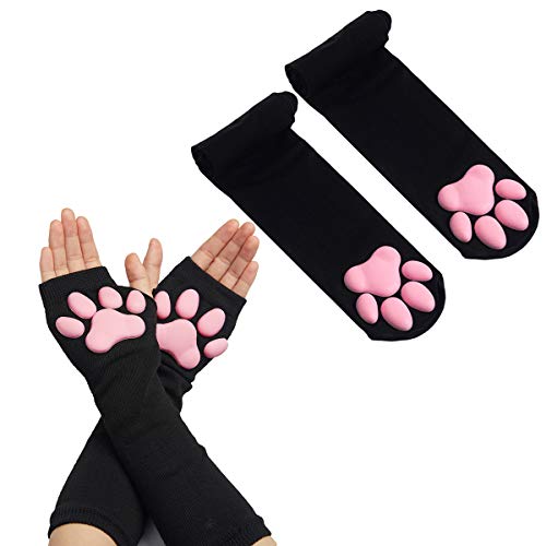 Cat Paw Thigh High Socks Golves, Cute Soft 3D Toe Beans Socks Mittens Kitten Claw Pad Stockings for Girls Women Cat Cosplay Party Costume