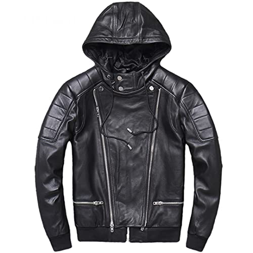 100% Real Men Sheepskin Jackets Hooded Men Leather Chaquetas Hombre Casual Motorcycle Jacket Soft Vintage Black Clothing Black XXL