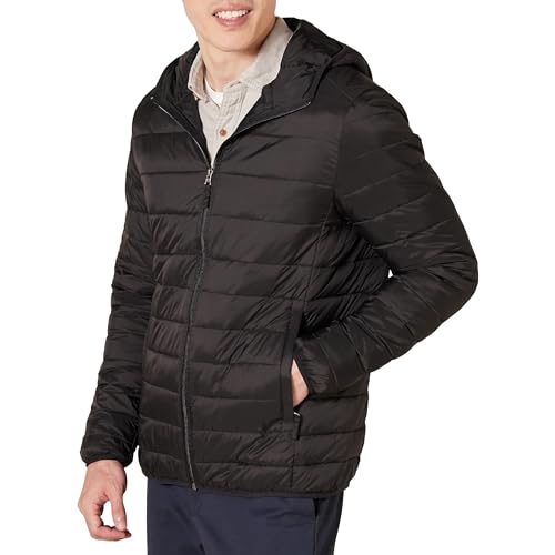 Amazon Essentials Men's Lightweight Water-Resistant Packable Hooded Puffer Jacket, Black, Medium