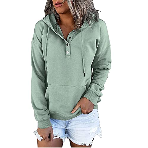Womens Casual Hoodies Pullover Tops Drawstring Long Sleeve Button Down Sweatshirts 2023 Fall Clothes With Pocket A Green