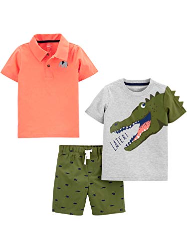 Simple Joys by Carter's Baby Boys' 3-Piece Button Up, Shorts, and Tee Playwear Set, Coral Orange Elephant/Green Dinosaur/Grey Alligator, 12 Months