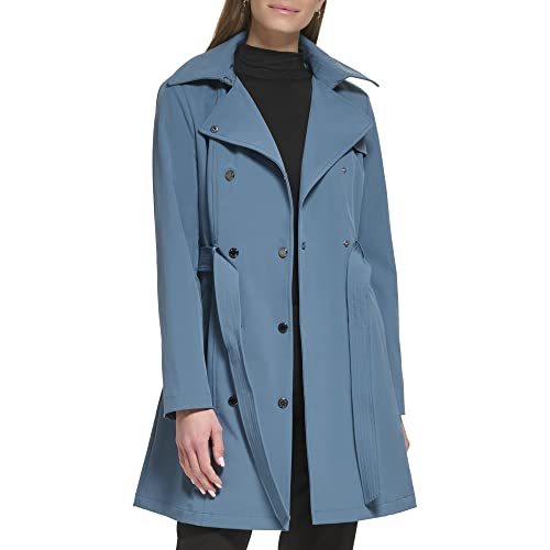 Calvin Klein Women's Double Breasted Belted Rain Jacket with Removable Hood, Oasis Teal, S