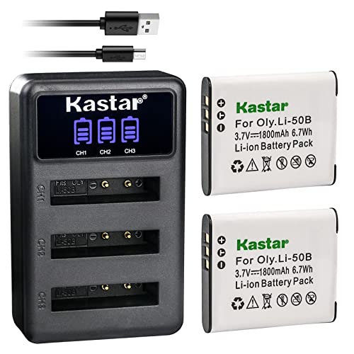 Kastar 2 Pack Battery and LCD Triple USB Charger Compatible with Pentax Optio RZ18, Megazoom X70, Optio WG-1, WG-1 GPS, Optio WG-2, WG-2 GPS, Optio WG-3, Optio WG-3 GPS, Optio WG-4, Optio WG-5 GPS