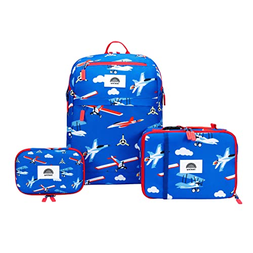 uninni Airplane Kids Backpack Set for Age 6+,fits for height 3'9' above kids with Lightweight Insulated Lunch Bag and Cute Pencil Case for Boys and Girls