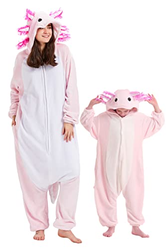 DELEY Unisex Pink Axolotl Onesie Kid Pajamas, Flannel Animal One Piece Costume Sleepwear Halloween Cosplay Homewear