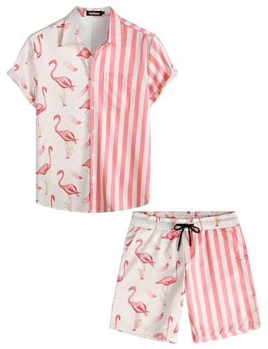 VATPAVE Mens Flamingo Hawaiian Sets Casual Short Sleeve Button Down Shirts Beach Outfits Large Pink Flamingo Shirt and Shorts