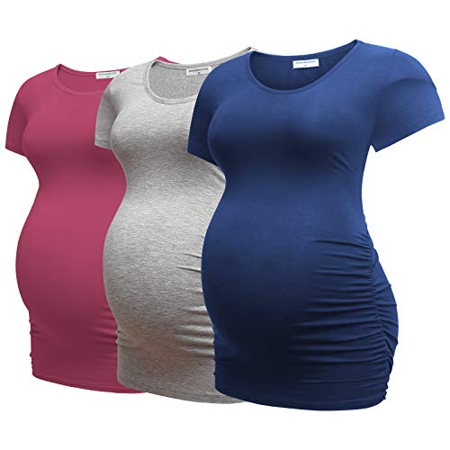 Bearsland Womens Maternity Tshirt 3 Packs Classic Side Ruched Tee Top Mama Pregnancy Clothes,russetred+LightGray+Blue,S
