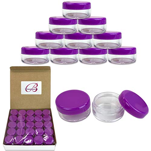 50 Empty 5 Grams Acrylic Clear Round Jars - BPA Free Containers for Cosmetic, Lotion, Cream, Makeup, Bead, Eye shadow, Rhinestone, Samples, Pot, Small Accessories 5g/5ml (Purple Lid)