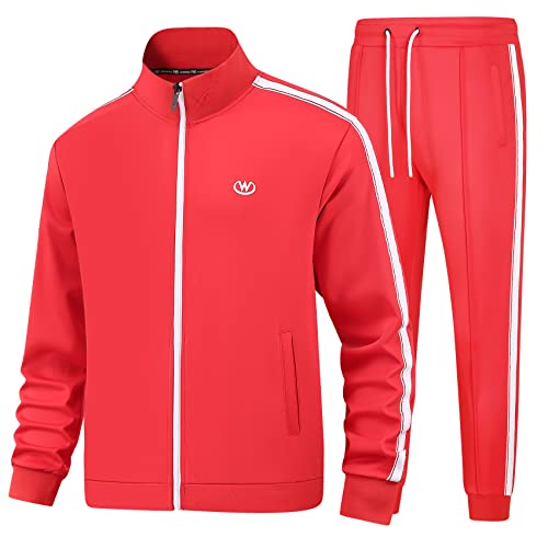 BASICDOT Men's Tracksuits Set Athletic Sports Track Suits Full Zip Running Workout Jogging Casual Sweatsuits for Men 2 Piece Outfits Red JW-3605-L