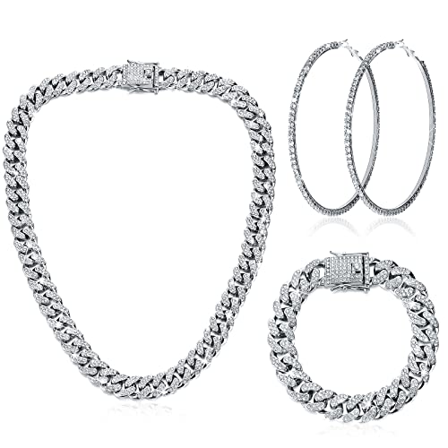 Batiyeer Link Chain Necklace Bracelet Rhinestone Earrings Bling Necklace Bracelet Crystal Big Circle Earring for Women(Silver, 18 Inch)