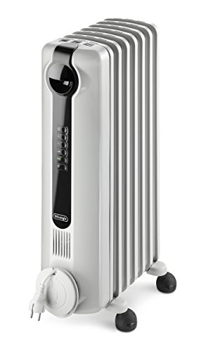 DeLonghi Radia S Oil-Filled Radiator Space Heater, Full Room Quiet 1500W, Adjustable Thermostat, 3 Heat Settings, Digital Timer, ECO Energy Saving Mode, Safety Features, Light Gray, TRRS0715E