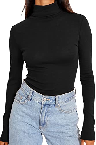 Trendy Queen Women's Mock Neck Tops Long Sleeve Shirts Turtleneck Mock Neck Fall Fashion 2023 Stretch Tight Lightweight Basic Slim Fit Layering Soft Thermal Underwear Clothes Black