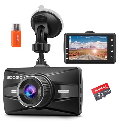 Dash Cam Front with 32G SD Card, BOOGIIO 1080P FHD Car Driving Recorder 3'' IPS Screen 170°Wide Angle Dashboard Camera Aluminum Alloy Case, WDR G-Sensor Parking Monitor Loop Recording Motion Detection