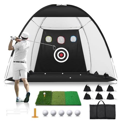 Golf Net: 10x7FT Golf Practice Net for Backyard Driving, Golf Hitting Net with Tri-Turf Golf Mat, Indoor Golf Training Chipping Aid Nets with Reduce Noise Nylon Target, Present for Him