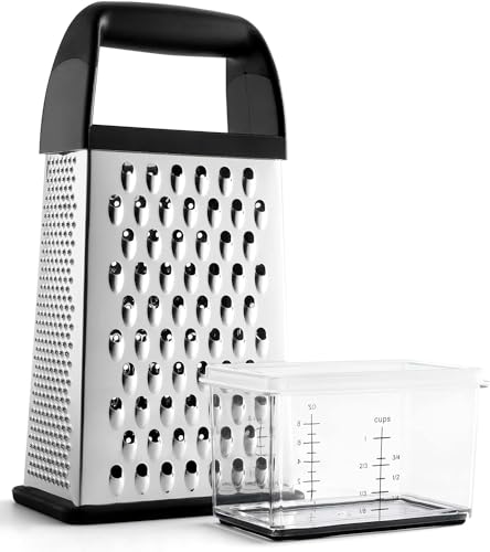 Urbanstrive Cheese Grater With Container, Professional Cheese Grater with Handle, Stainless Steel Graters for Kitchen Handheld, Box Grater with 4 Sides for Vegetables, Ginger, Potatoes, Black