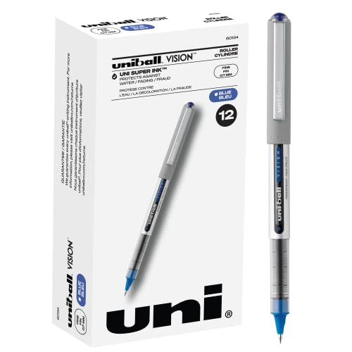 Uni-ball Vision Rollerball Pens, Fine Point, 0.7 mm, Gray Barrel, Blue Ink, Pack Of 12