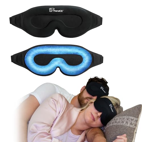 TheraICE Sleep Mask + Cooling Gel Relief - Sleep Eye Mask Blackout Blindfold Cold - 3D Contoured Relaxing No Pressure Eye Cover to Block Light for Comfortable Soothing Night Sleeping/Men & Women