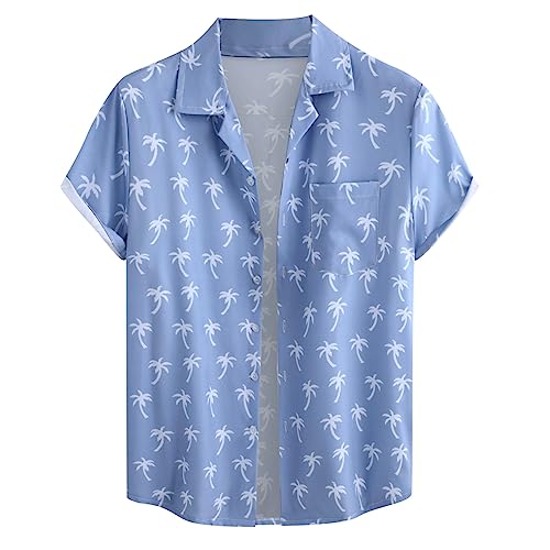 MYNKYLL Fashionable and Casual Men's Coconut Tree Collar Short Sleeved Pocket Shirt Suede Shirt (X4-Blue, M)