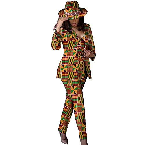 African Clothes for Women African Print Coat Kente Top and Pants Blazer Suit Sets with Hat