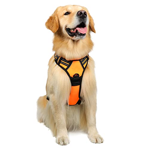 rabbitgoo Dog Harness, No-Pull Pet Harness with 2 Leash Clips, Adjustable Soft Padded Dog Vest, Reflective No-Choke Pet Oxford Vest with Easy Control Handle for Large Dogs,Orange,L