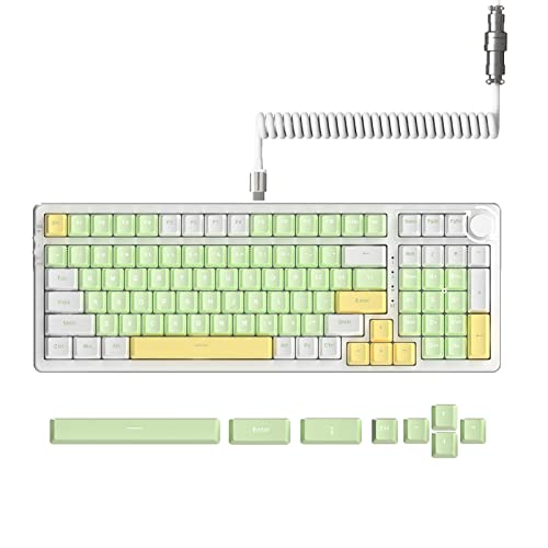 A.JAZZ AK992 99Keys HotSwappable,Bluetooth5.0/2.4G/Wired,Gasket Mount Mechanical PC Gaming Keyboard with Coiled USB C Cable,4000mAH Battery,DIY Clicky Switch,Knob PBT Keycaps for Win Mac(Spring Green)