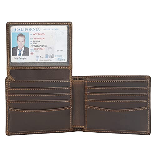 Polare RFID Blocking Cowhide Leather Bifold Wallet For Men with 2 ID Windows(Dark Brown)