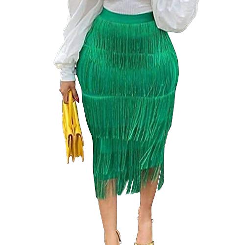 AOMEI Women's Spring Green High Waist Fringe Tiered Bodycon Pencil Midi Skirt XXXL