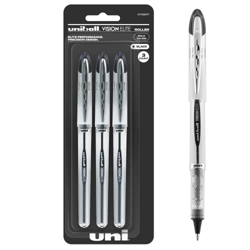 Uniball Vision Elite Rollerball Pens, Black Pens Pack of 3, Bold Pens with 0.8mm Ink, Ink Black Pen, Pens Fine Point Smooth Writing Pens, Bulk Pens, and Office Supplies